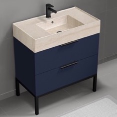Modern Bathroom Vanity, Blue, 32 inch, Travertine Style Sink, Free Standing